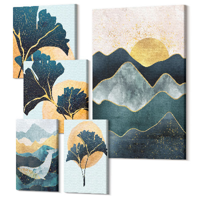 Zestaw obrazów na płótnie pentaptyk Stylowe pejzaże górskie z roślinnymi akcentami dekoracyjnymi