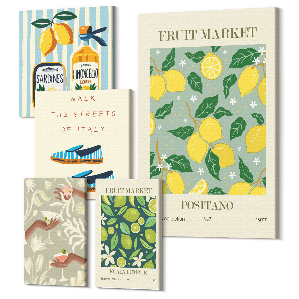 Zestaw obrazów 5 części pentaptyk Owocowe inspiracje z rynku w stylu vintage