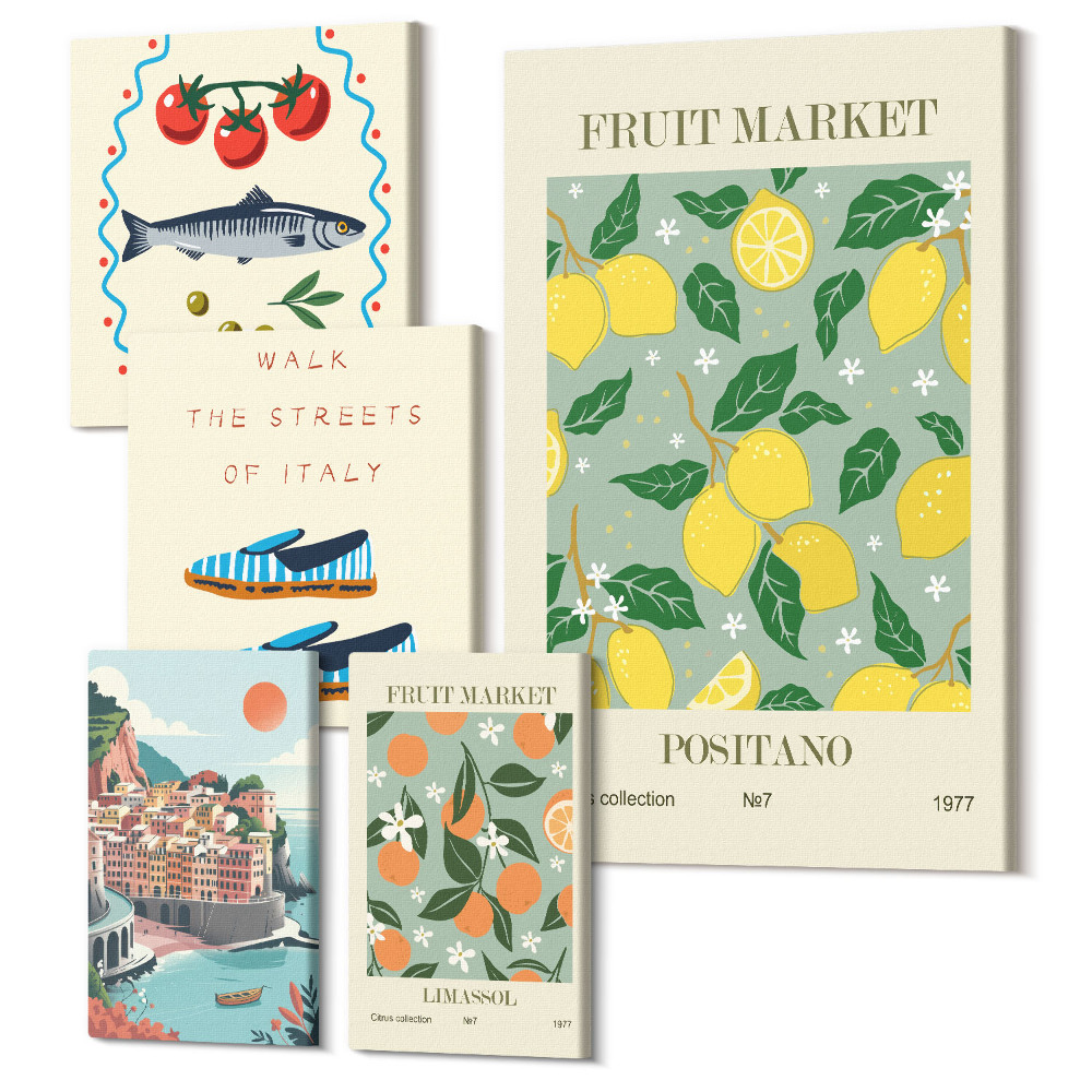 Zestaw obrazów na płótnie pentaptyk Kolekcja owoców i lokalnych rynków Włoch i Morza Śródziemnego