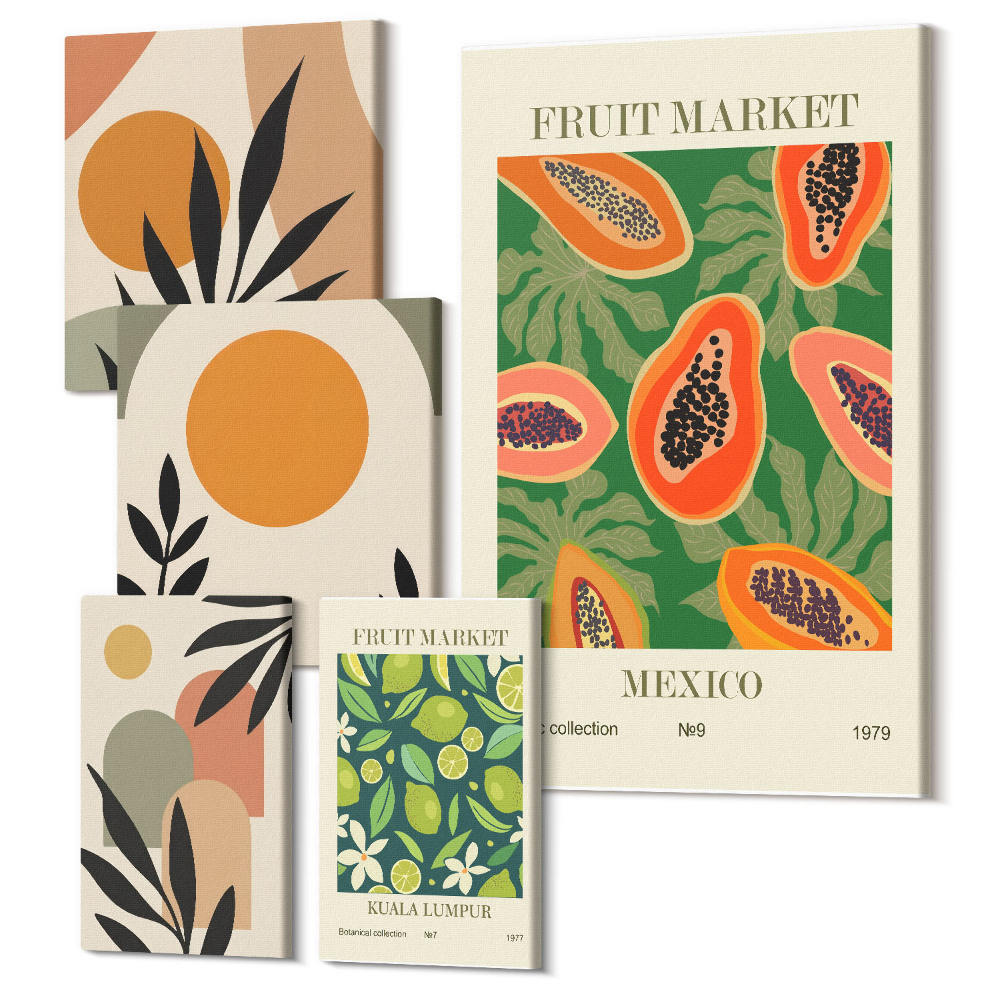 Zestaw obrazów pentaptyk na ścianę Tropikalne owoce w stylu retro z egzotycznymi motywami