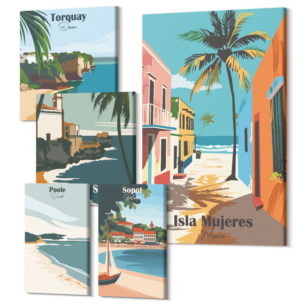 Zestaw obrazów pentaptyk na ścianę Kolorowe widoki na nadmorskie miejscowości i plaże