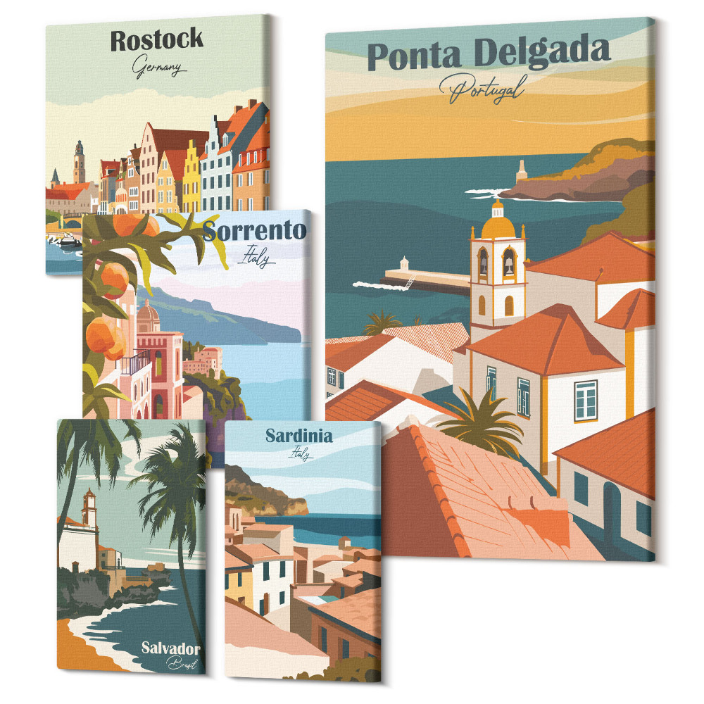 Zestaw obrazów 5 części pentaptyk Europejskie miasta widoki na malownicze krajobrazy