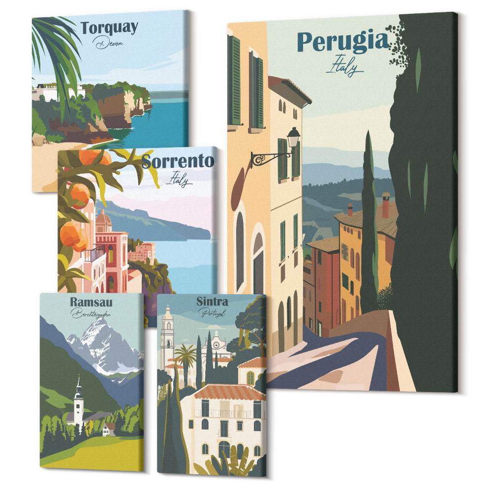 Zestaw obrazów na płótnie pentaptyk Włoskie miasteczka widoki na malownicze uliczki