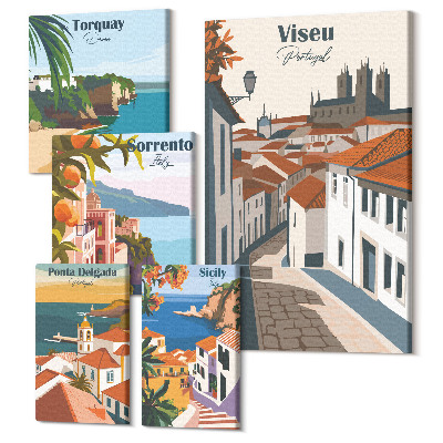 Zestaw obrazów pentaptyk na ścianę Europejskie miasteczka widoki na malownicze uliczki