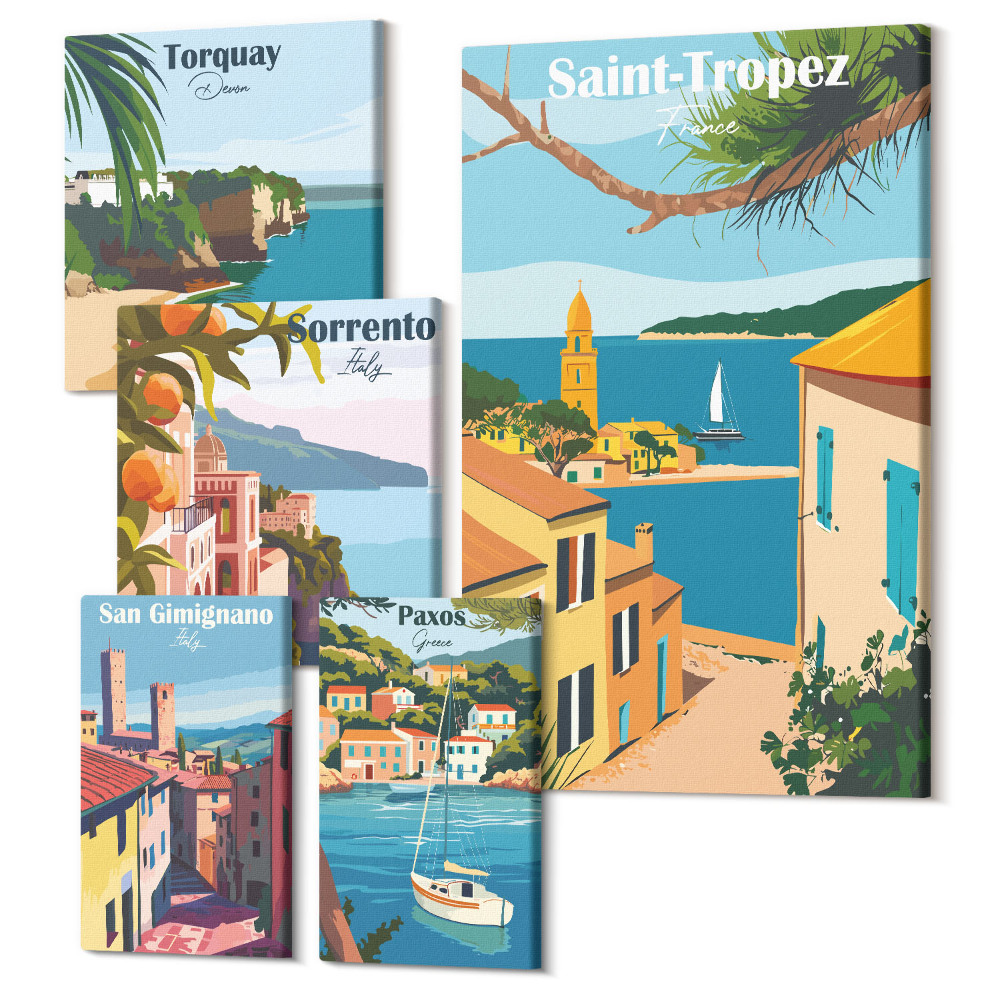 Zestaw obrazów 5 części pentaptyk Krajobrazy nadmorskich miasteczek europejskich