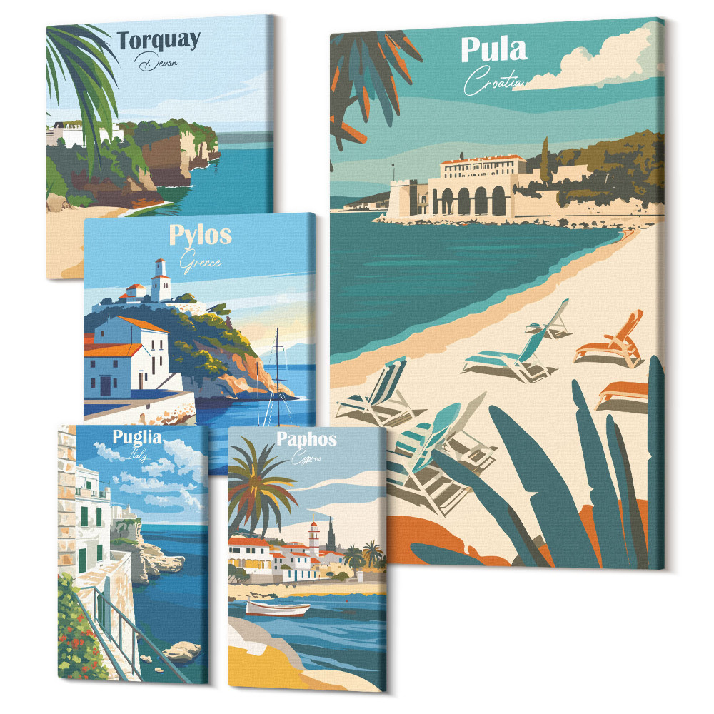 Zestaw obrazów na płótnie pentaptyk Krajobrazy nadmorskie z urokliwymi miejscami Europy