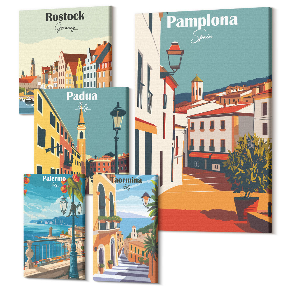 Zestaw obrazów 5 części pentaptyk Europejskie miasta malownicze widoki i architektura