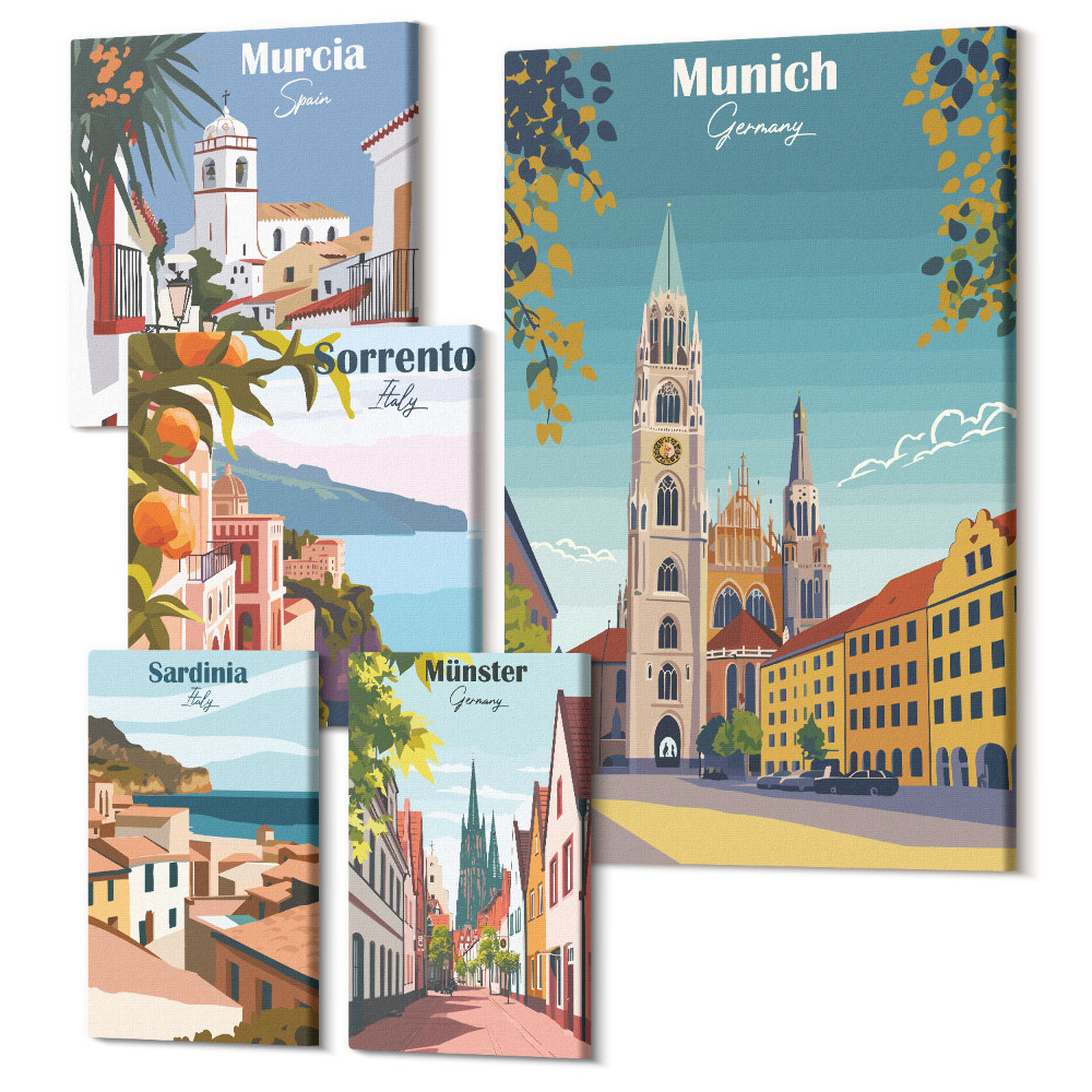 Zestaw obrazów na płótnie pentaptyk Europejskie miasta widoki na architekturę i krajobrazy