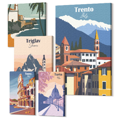 Zestaw obrazów 5 części pentaptyk Europejskie miasta i krajobrazy w stylu retro