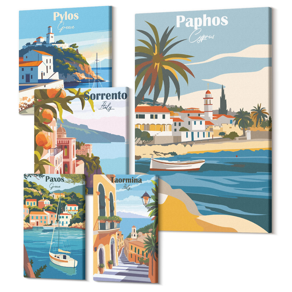 Zestaw obrazów na płótnie pentaptyk Krajobrazy nadmorskie z urokliwymi miasteczkami Europy