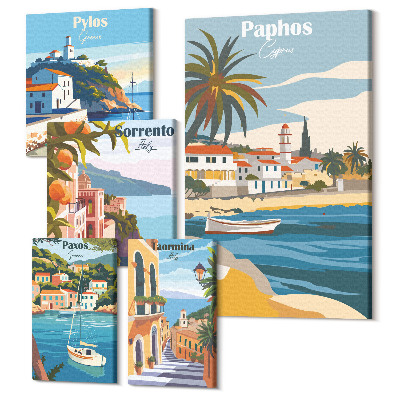 Zestaw obrazów na płótnie pentaptyk Krajobrazy nadmorskie z urokliwymi miasteczkami Europy