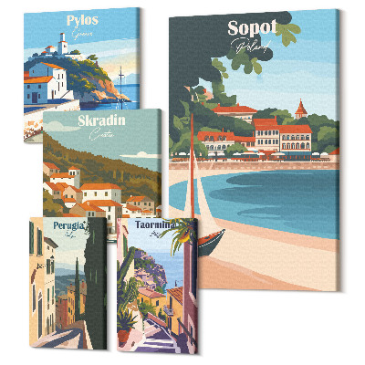 Zestaw obrazów 5 części pentaptyk Krajobrazy nadmorskich miast w stylu retro i wakacyjnym