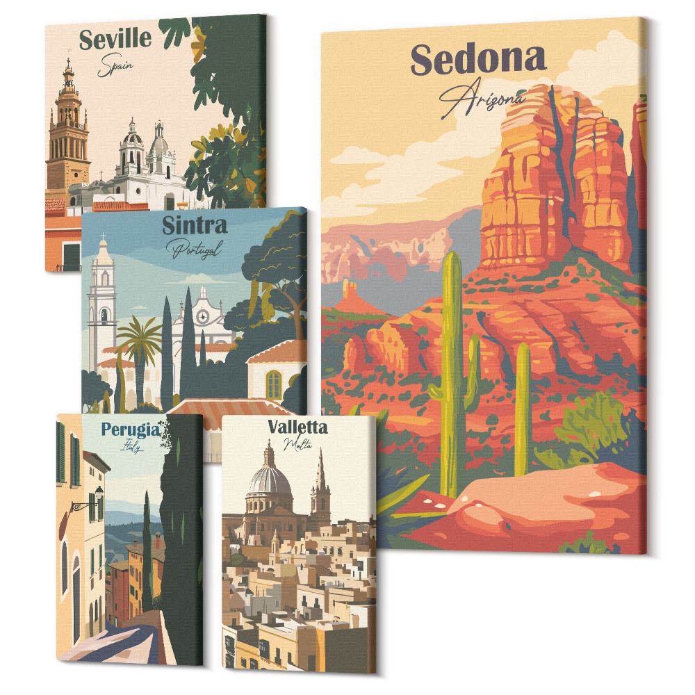 Zestaw obrazów na płótnie pentaptyk Krajobrazy turystyczne z różnych miast świata