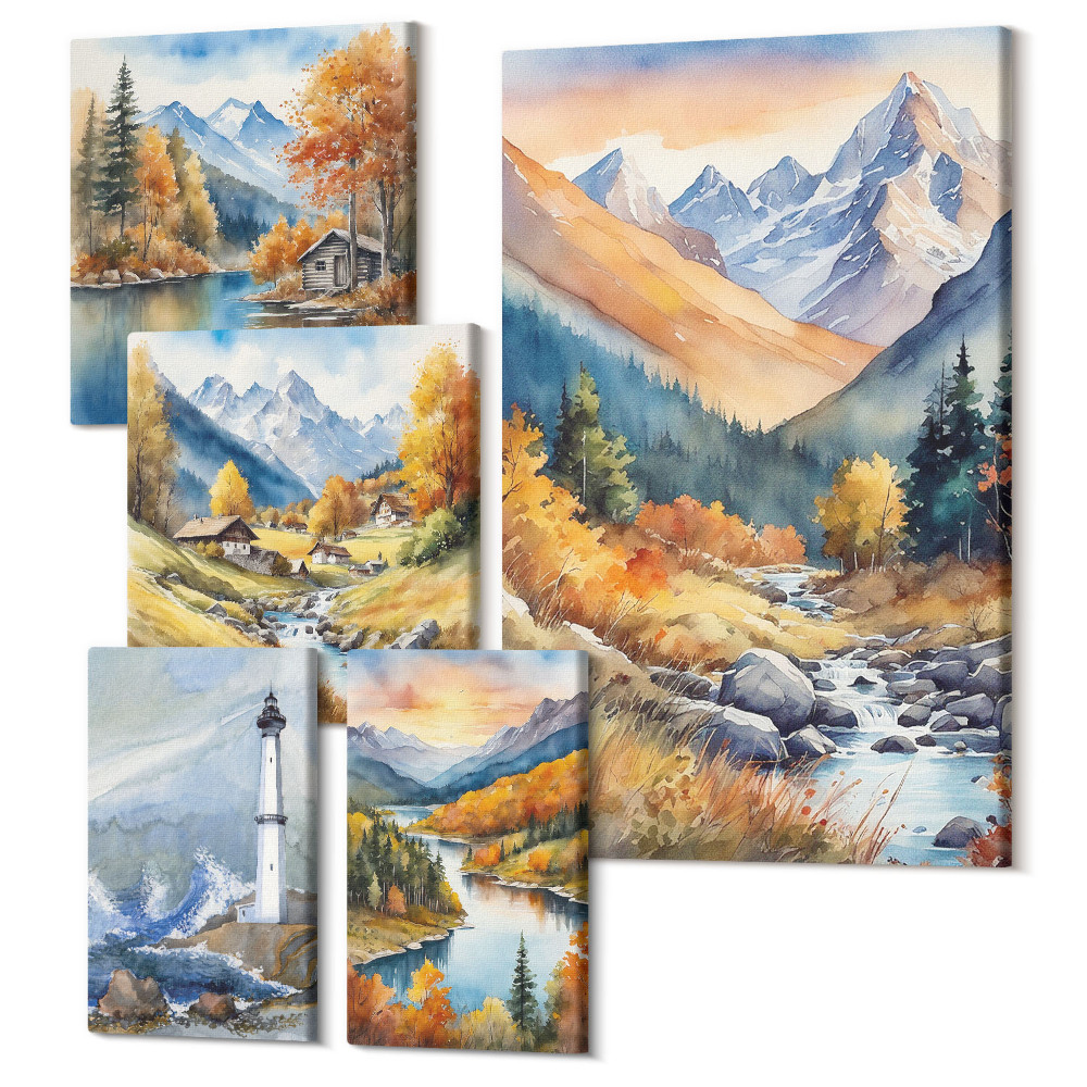 Zestaw obrazów na płótnie pentaptyk Górskie pejzaże z rzekami i latarnią morską