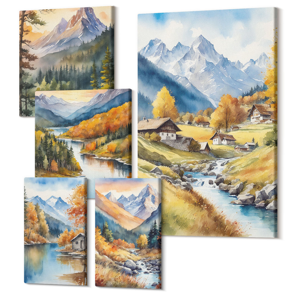 Zestaw obrazów 5 części pentaptyk Górskie pejzaże z malowniczymi dolinami i rzekami