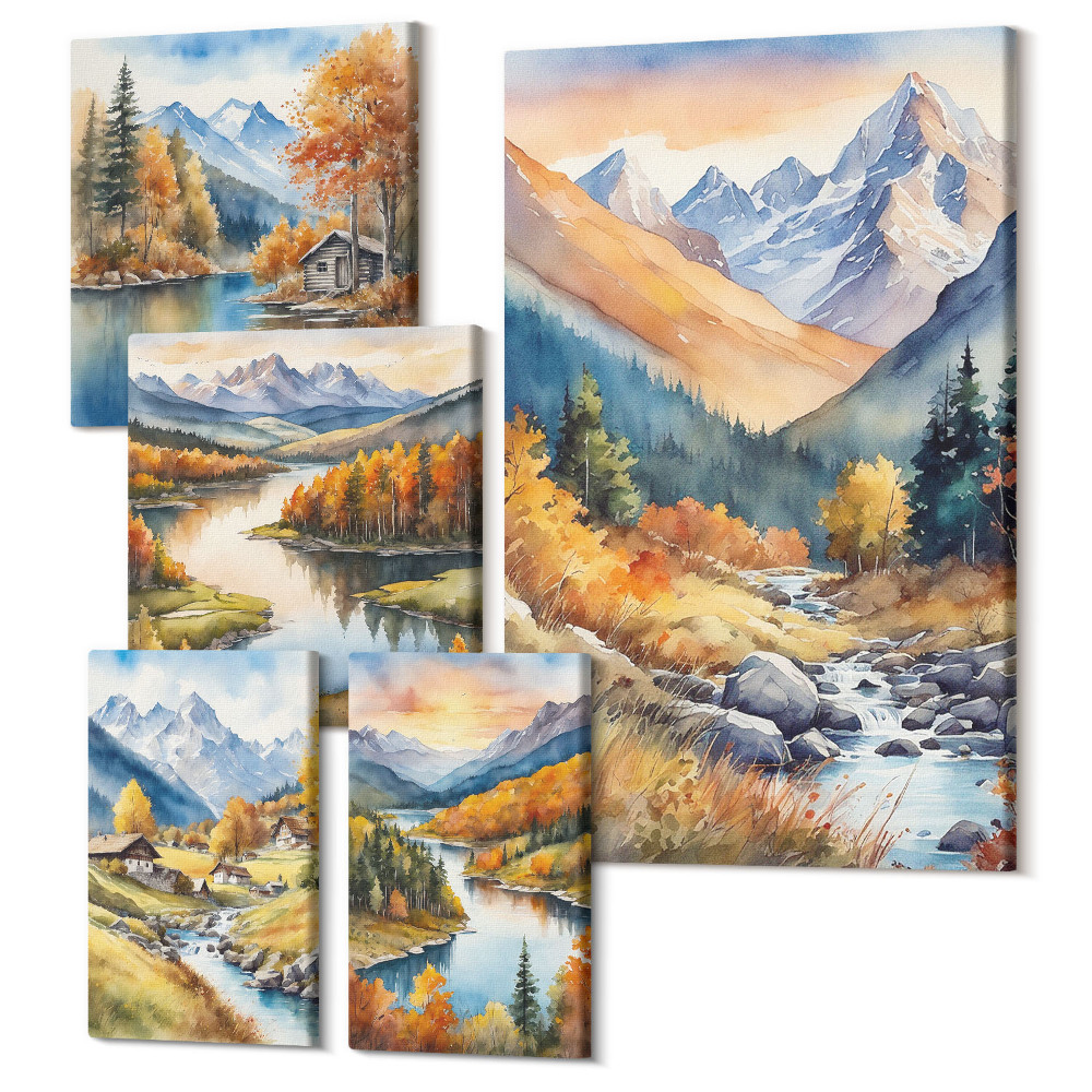 Zestaw obrazów na płótnie pentaptyk Jesienne pejzaże górskie z rzekami i domkami w lesie