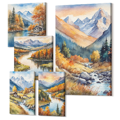 Zestaw obrazów na płótnie pentaptyk Jesienne pejzaże górskie z rzekami i domkami w lesie