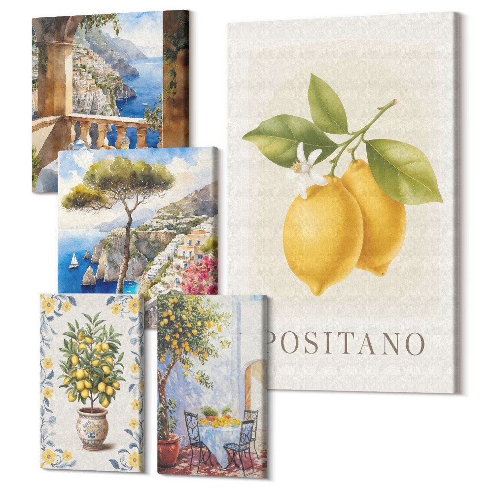 Zestaw obrazów pentaptyk na ścianę Cytrusowe akcenty w stylu śródziemnomorskim i widoki na morze