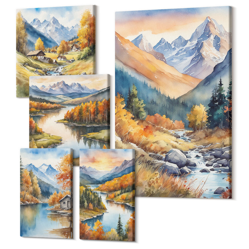 Zestaw obrazów 5 części pentaptyk Górskie krajobrazy w jesiennych barwach natury