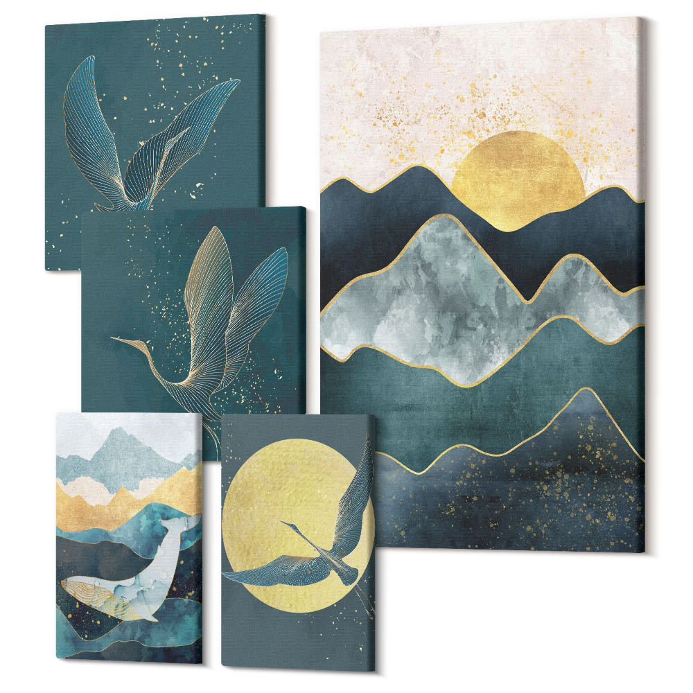 Zestaw obrazów pentaptyk na ścianę Stylowe górskie krajobrazy z ptakami i słońcem