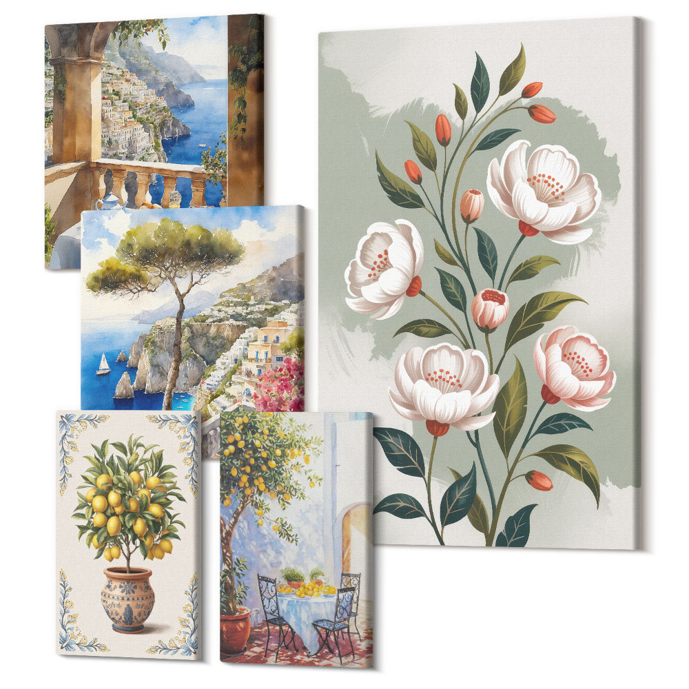 Zestaw obrazów 5 części pentaptyk Kwiatowe motywy i widoki na malownicze krajobrazy