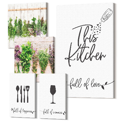 Zestaw obrazów na płótnie pentaptyk Kuchnia pełna miłości zioła i akcesoria kulinarne