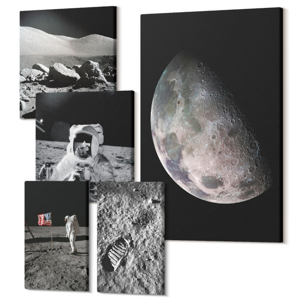 Zestaw obrazów 5 części pentaptyk Księżycowe pejzaże z astronautami i eksploracją przestrzeni