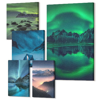 Zestaw obrazów 5 części pentaptyk Zimowe krajobrazy z zorzą polarną i górskimi widokami