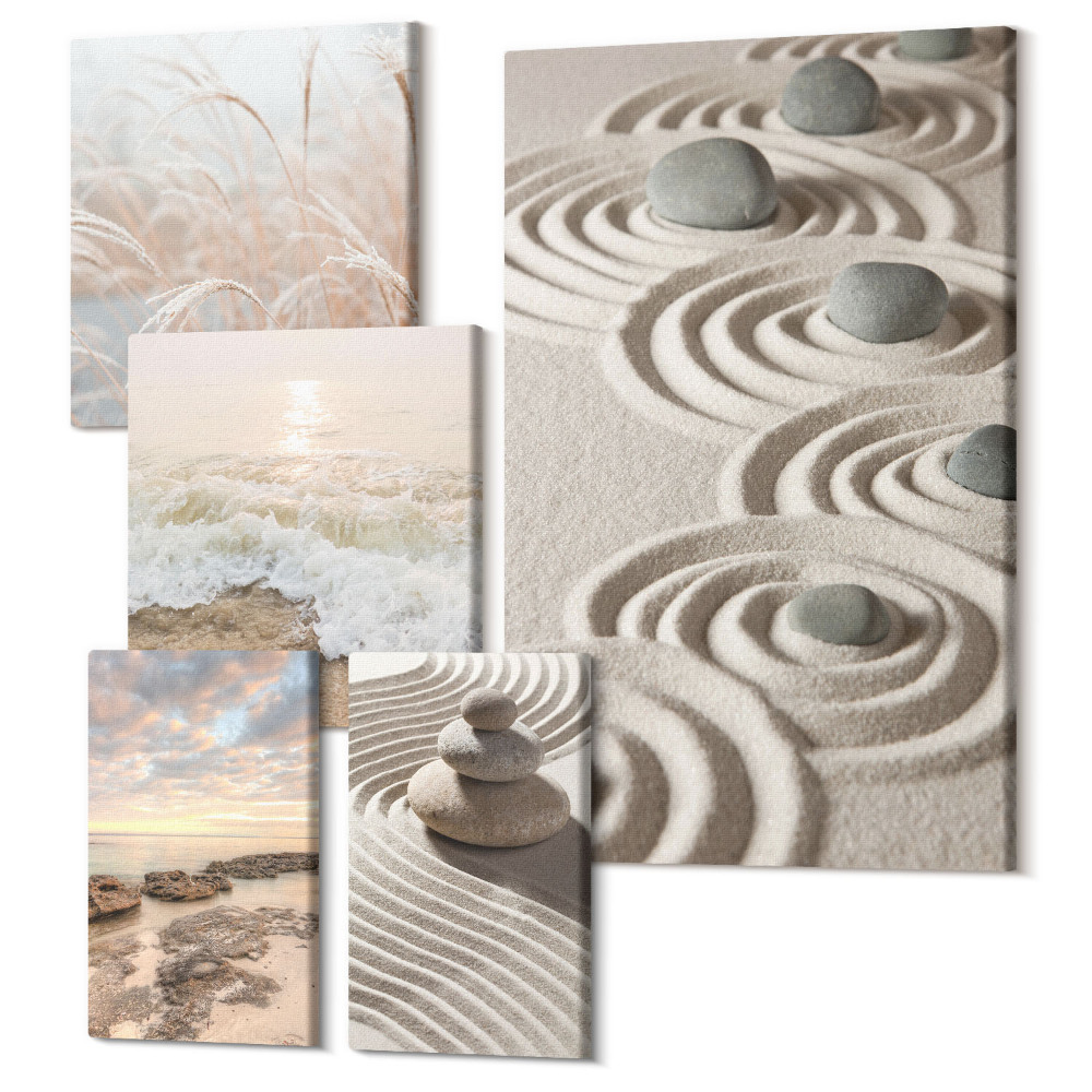 Zestaw obrazów pentaptyk na ścianę Relaksujące pejzaże natury z kamieniami i falami morskimi