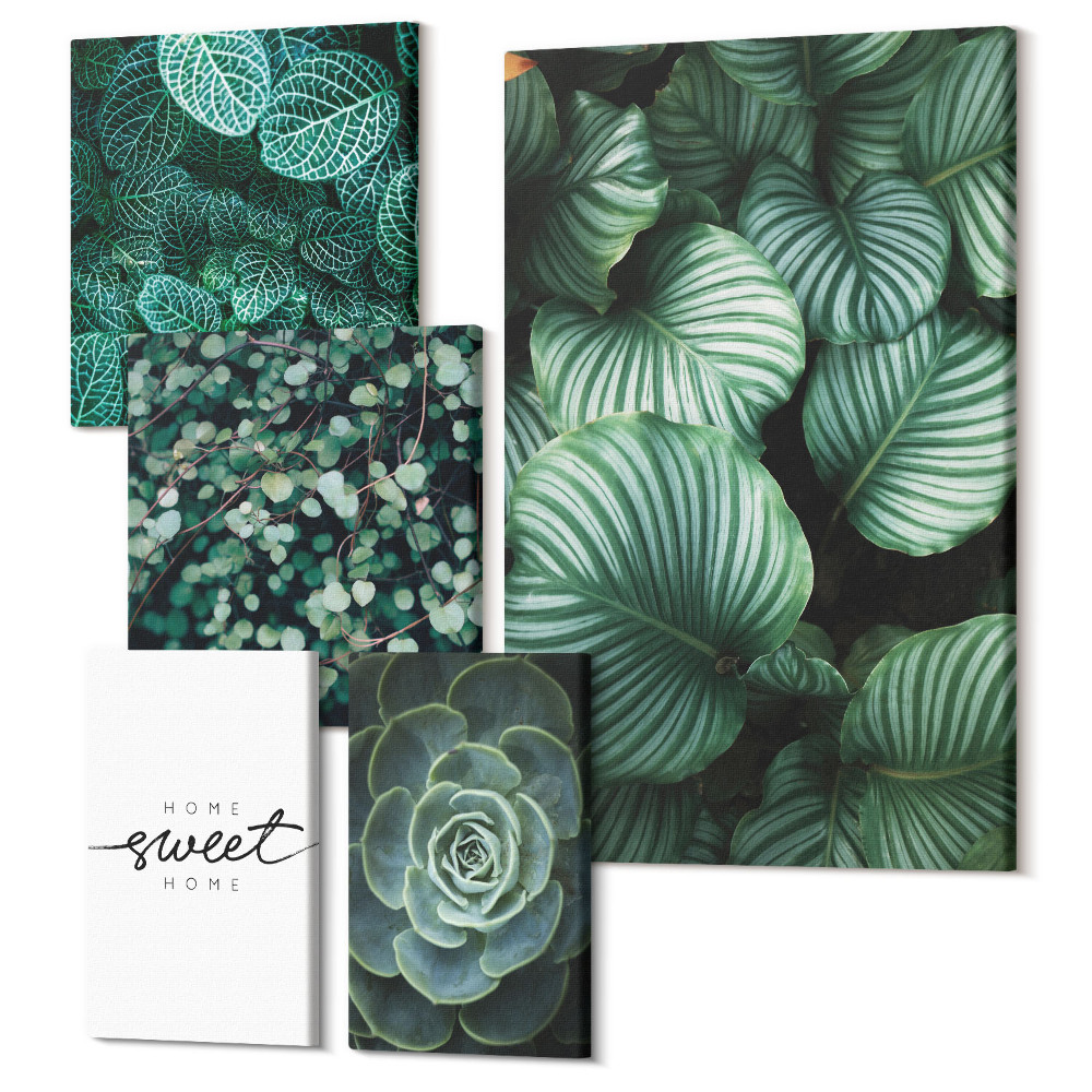 Zestaw obrazów 5 części pentaptyk Zielone liście i rośliny w stylu nowoczesnym