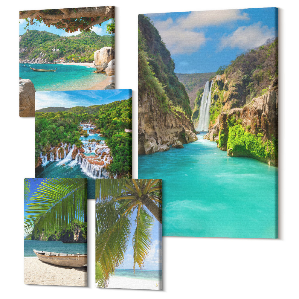 Zestaw obrazów 5 części pentaptyk Tropikalne pejzaże z wodospadami i plażami rajskimi