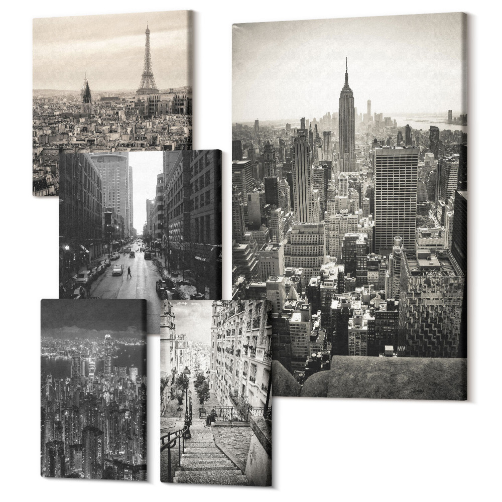 Zestaw obrazów na płótnie pentaptyk Miejskie panoramy ikonicznych stolic Europy i USA
