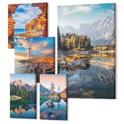 Zestaw obrazów 5 części pentaptyk Naturalne krajobrazy górskie i wodne z pięknymi widokami