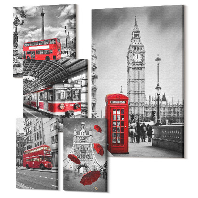 Zestaw obrazów na płótnie pentaptyk Londyńskie motywy z czerwonymi akcentami i architekturą