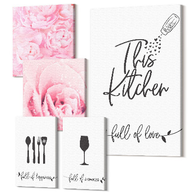 Zestaw obrazów pentaptyk na ścianę Kuchenne inspiracje z różami i akcesoriami kulinarnymi