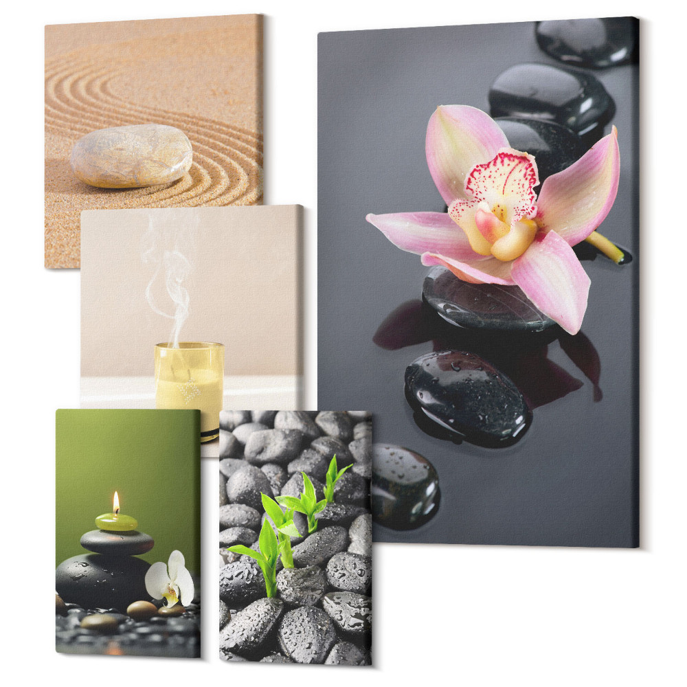 Zestaw obrazów 5 części pentaptyk Relaksacyjne motywy zen z kamieniami i kwiatami orchidei