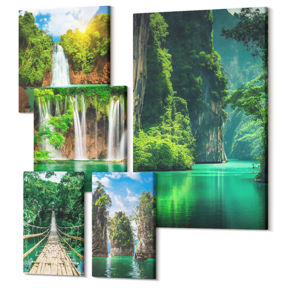 Zestaw obrazów 5 części pentaptyk Tropikalne krajobrazy z wodospadami i zielenią natury