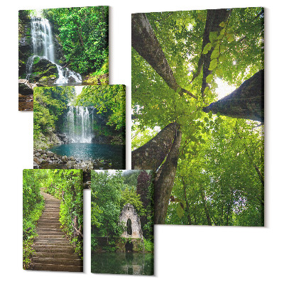 Zestaw obrazów na płótnie pentaptyk Zielone krajobrazy wodospadów i leśnych ścieżek
