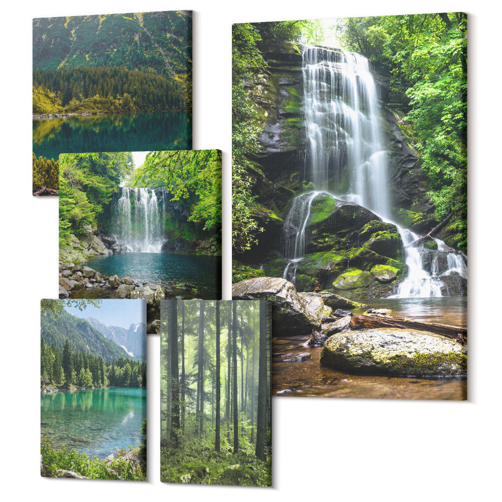 Zestaw obrazów pentaptyk na ścianę Wodospady i leśne krajobrazy w otoczeniu natury