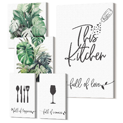 Zestaw obrazów na płótnie pentaptyk Kuchenne inspiracje z roślinami i pozytywnymi hasłami