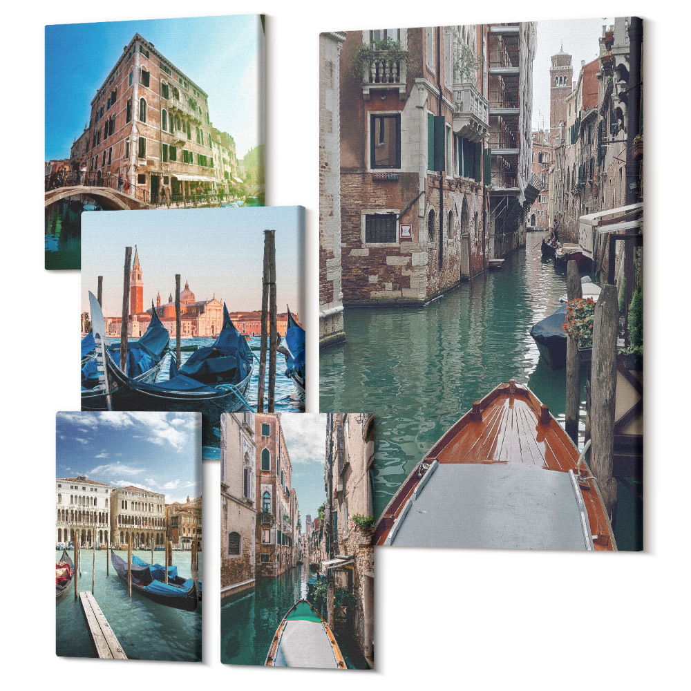 Zestaw obrazów 5 części pentaptyk Weneckie kanały i urokliwe gondole w mieście