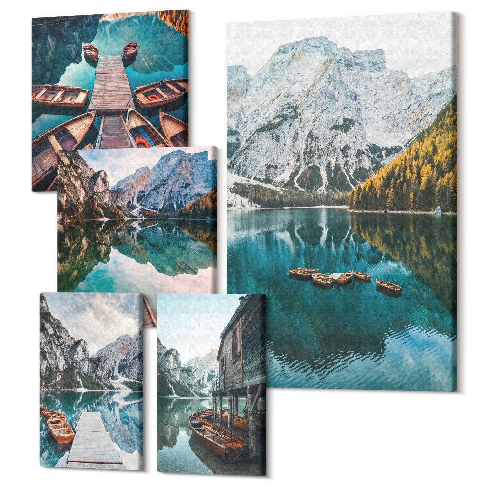 Zestaw obrazów 5 części pentaptyk Górskie jeziora z drewnianymi łodziami w stylu naturalnym