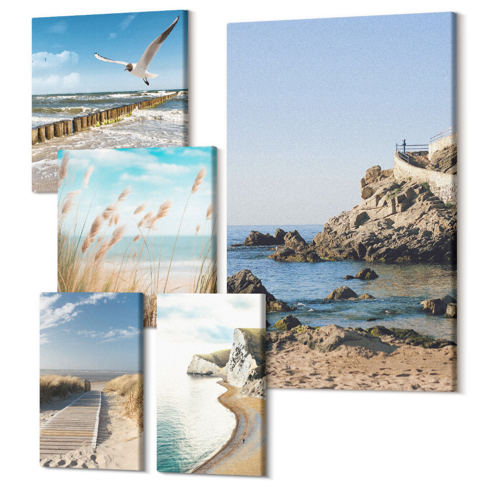Zestaw obrazów 5 części pentaptyk Nadmorskie pejzaże z plażami i spokojnymi wodami