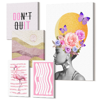 Zestaw obrazów 5 części pentaptyk Styl boho z motywami kwiatowymi i inspirującymi hasłami