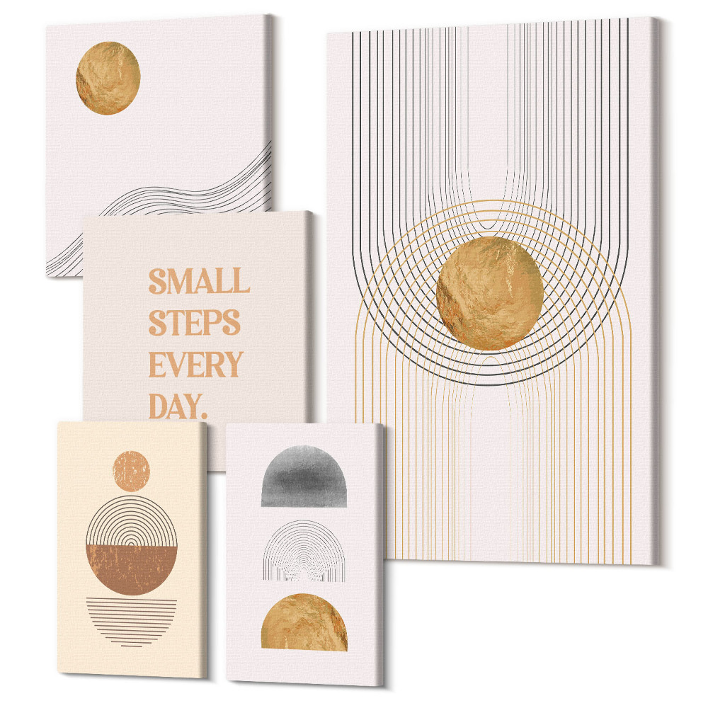 Zestaw obrazów na płótnie pentaptyk Abstrakcyjne kompozycje z geometrycznymi kształtami i tekstem