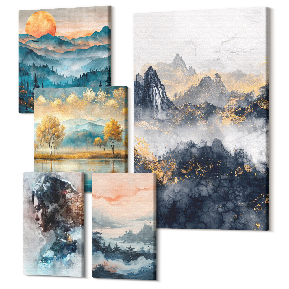 Zestaw obrazów na płótnie pentaptyk Krajobrazy górskie z portretami i naturalnymi pejzażami