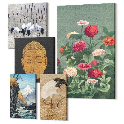 Zestaw obrazów na płótnie pentaptyk Krajobrazy azjatyckie z kwiatami i symboliką buddyjską