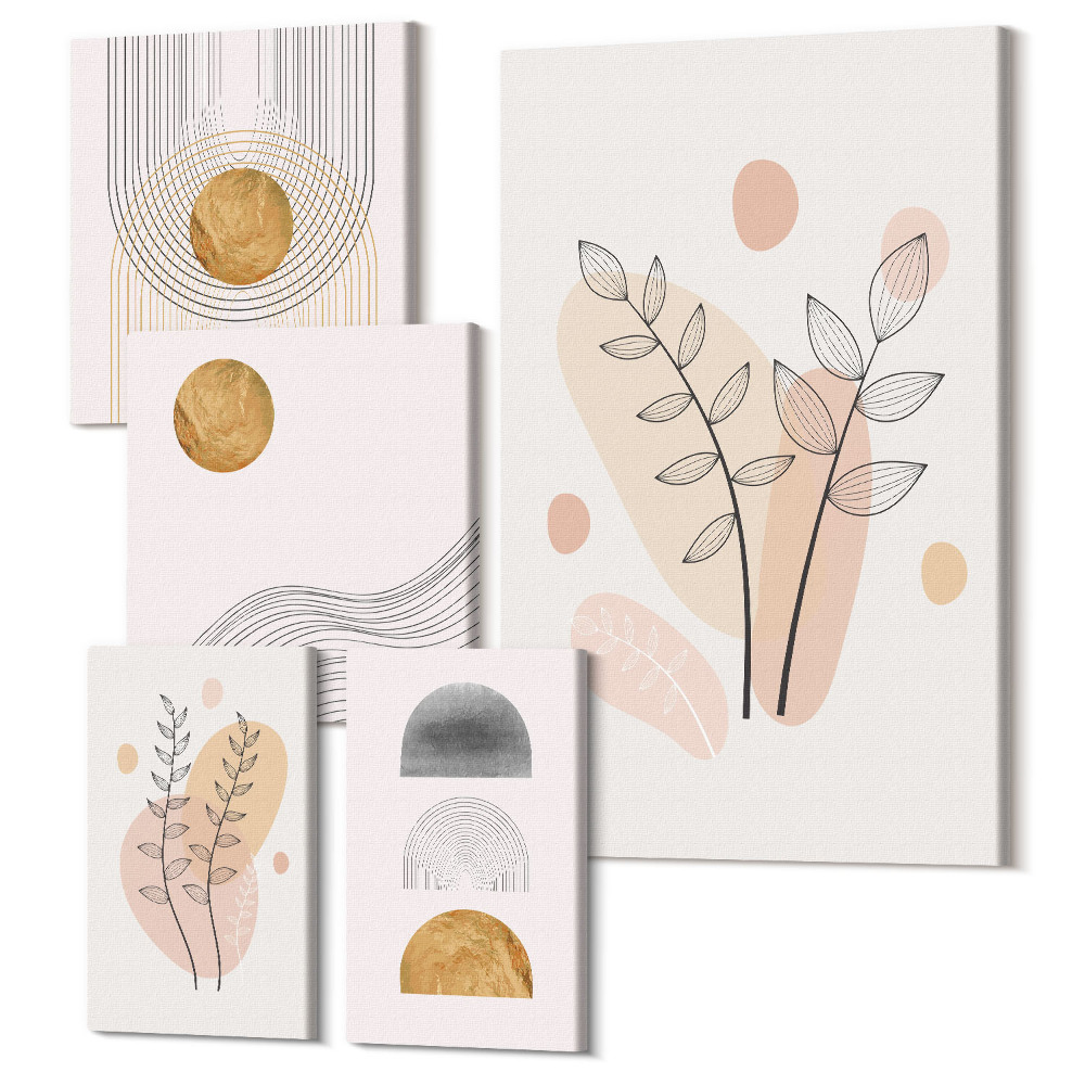 Zestaw obrazów na płótnie pentaptyk Stylowe dekoracje w minimalistycznym designie z roślinami