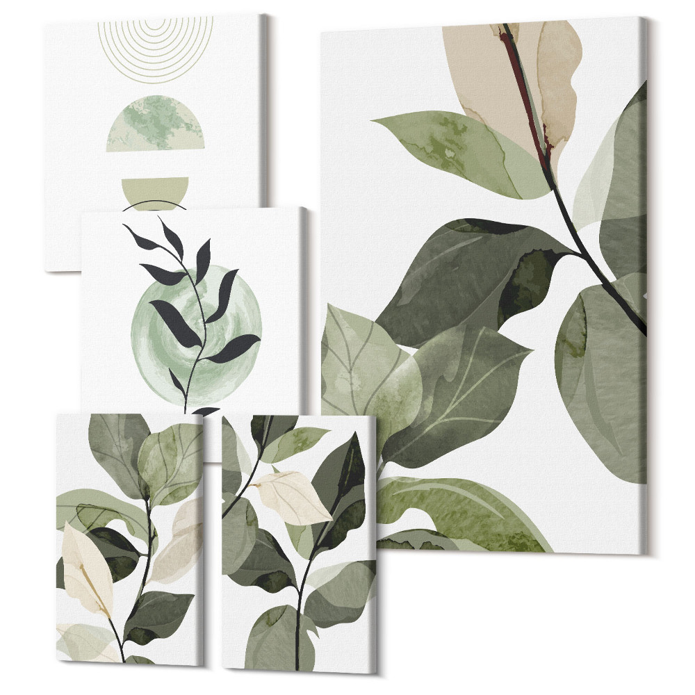 Zestaw obrazów na płótnie pentaptyk Roślinne motywy w stylu skandynawskim z zielenią i grafiką