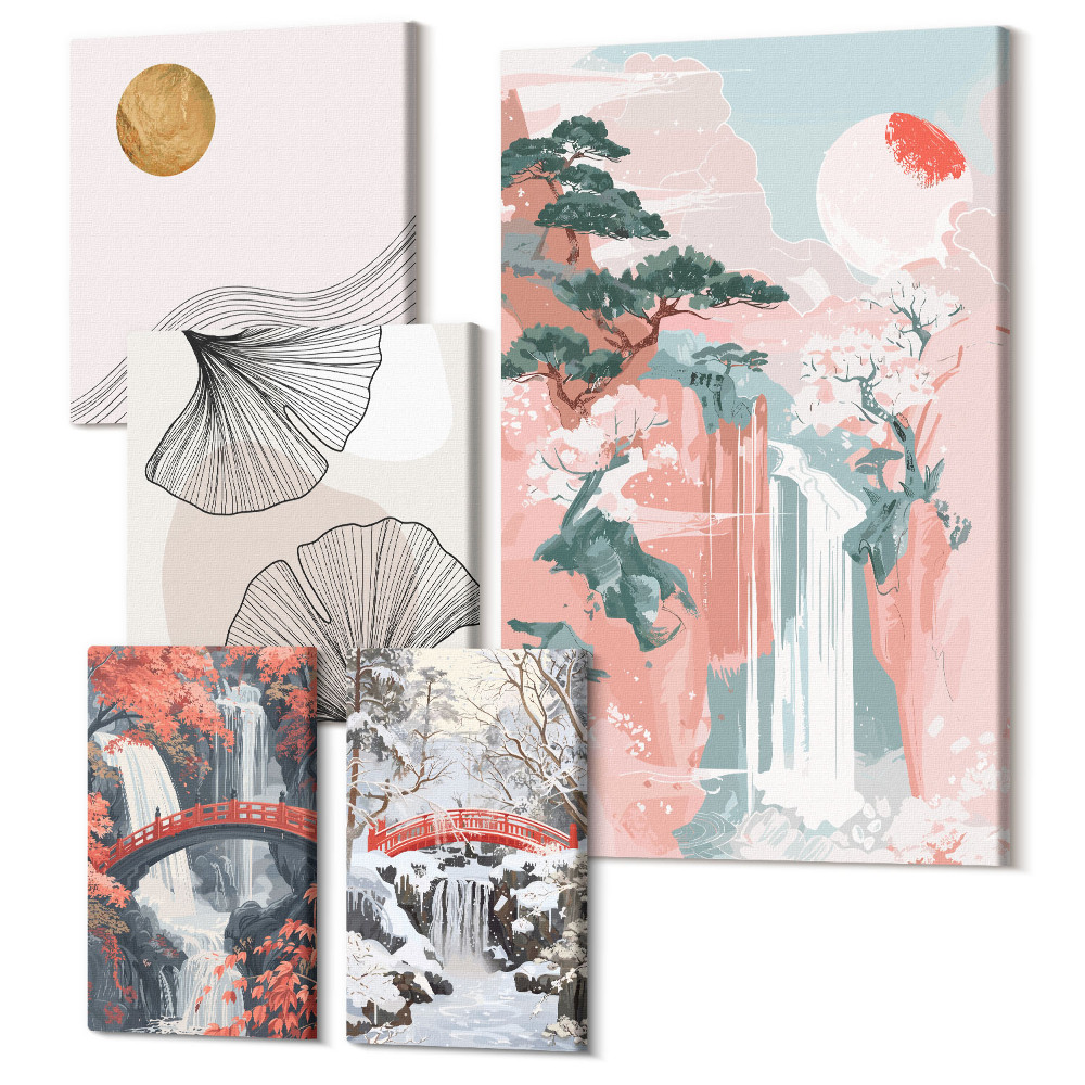 Zestaw obrazów na płótnie pentaptyk Krajobrazy natury z wodospadami i roślinnością w stylu japońskim